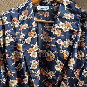 Natori VTG Full Length Robe OS Satin Loungewear Navy Orange Floral Pockets Tie